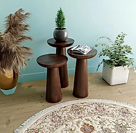 Doğal Ahşap Sehpa Ceviz Renk Cilalı 3 lü Set